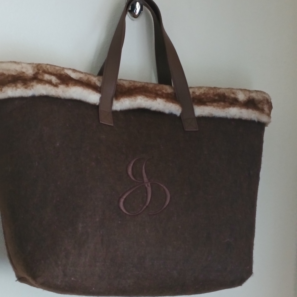 Brown Tote Bag with Fur Trim Church Storage Academia Office Gift Travel